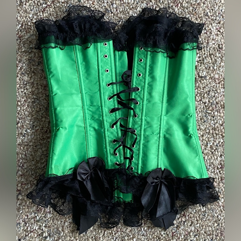 Green with black lace corset Goth style top size Small - Picture 2 of 8